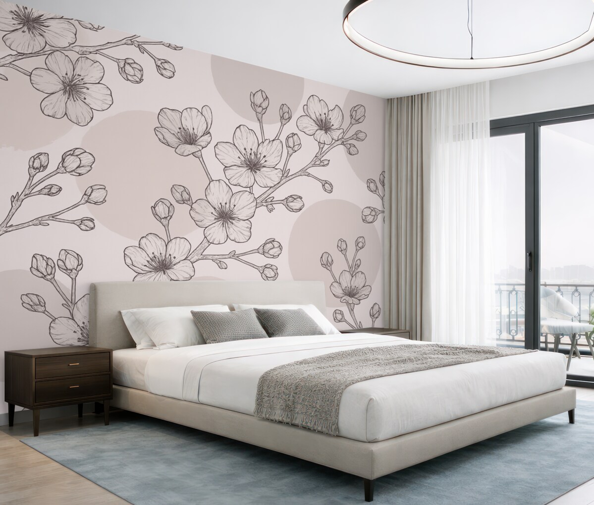 Fototapeta Gałęzie z kwiatami na kolorowych kręgach w tonacjach brązu.