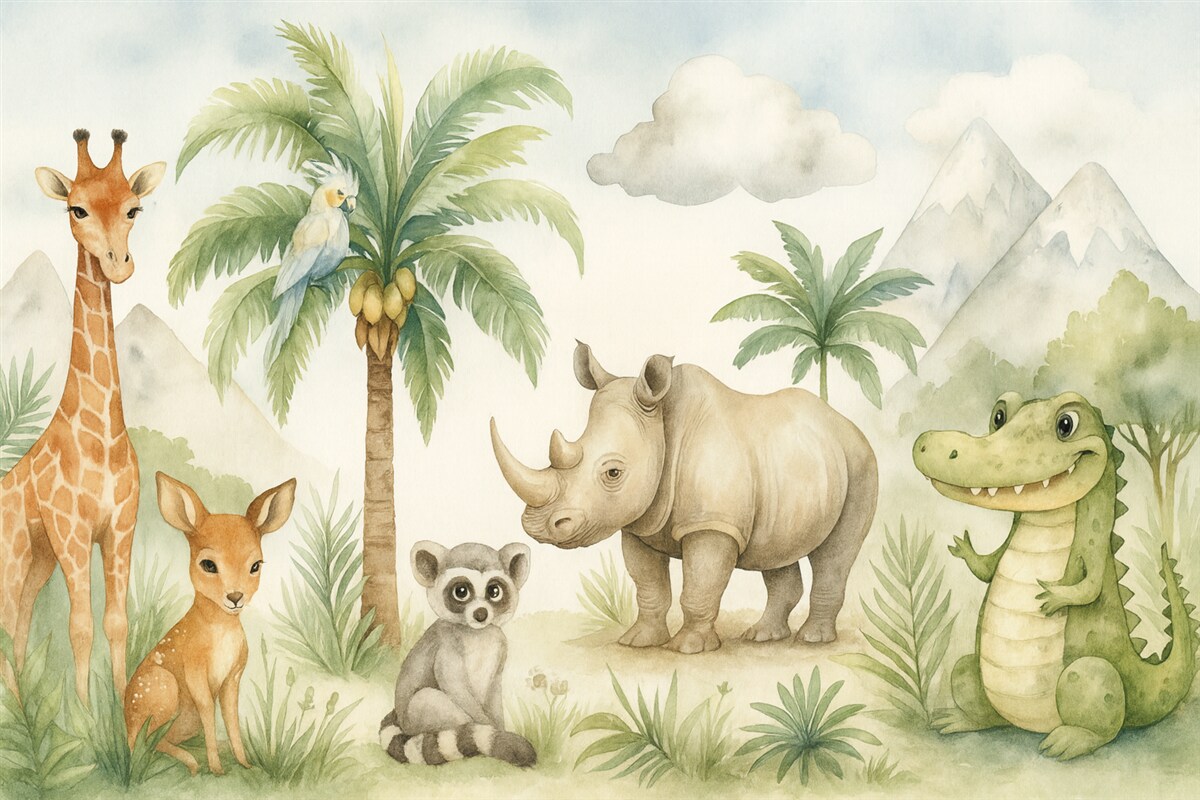 Fototapeta Tropikalne stworzenia w sąsiedztwie palm naśladują akwarelę.