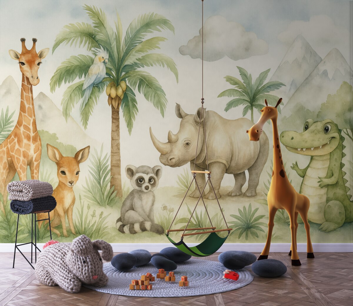 Fototapeta Tropikalne stworzenia w sąsiedztwie palm naśladują akwarelę.