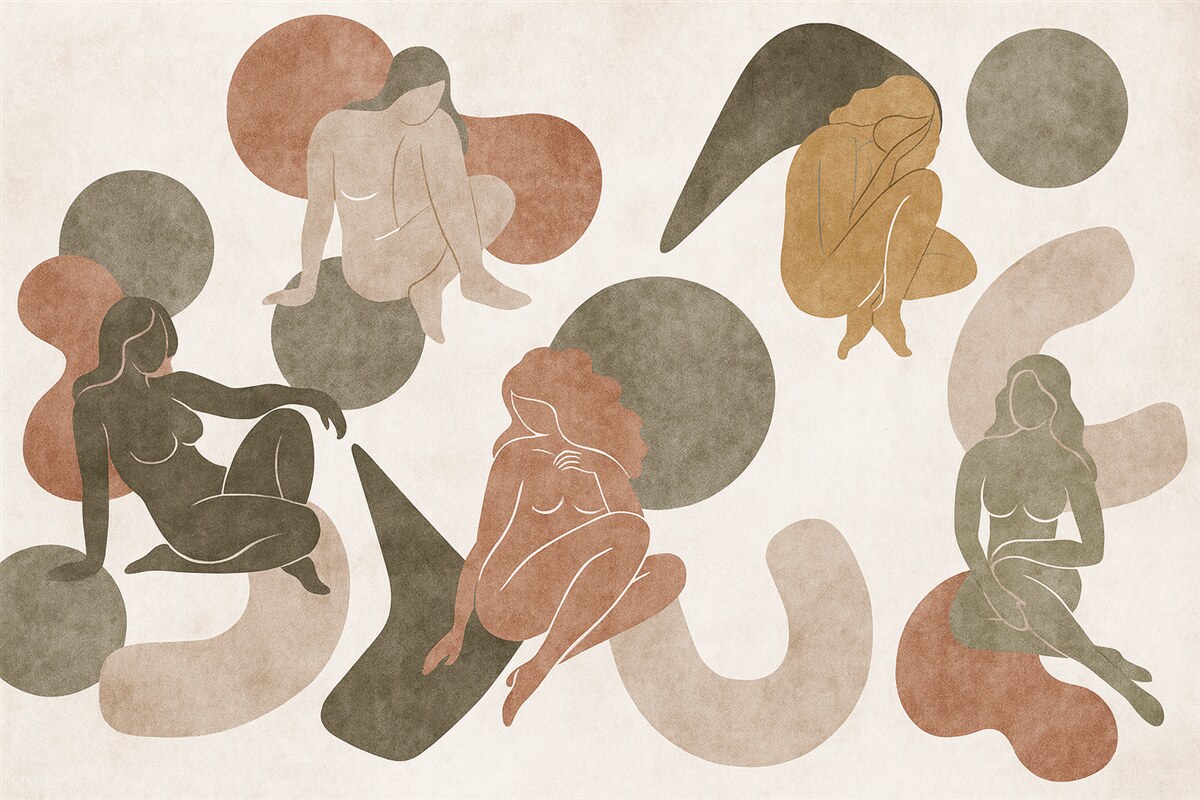 Fototapeta Geometryczne abstrakcje z damskimi sylwetkami, styl boho, brązowy, beżowy, zieleń.