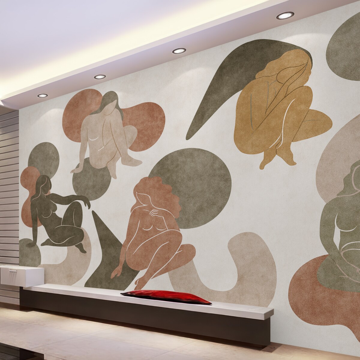 Fototapeta Geometryczne abstrakcje z damskimi sylwetkami, styl boho, brązowy, beżowy, zieleń.