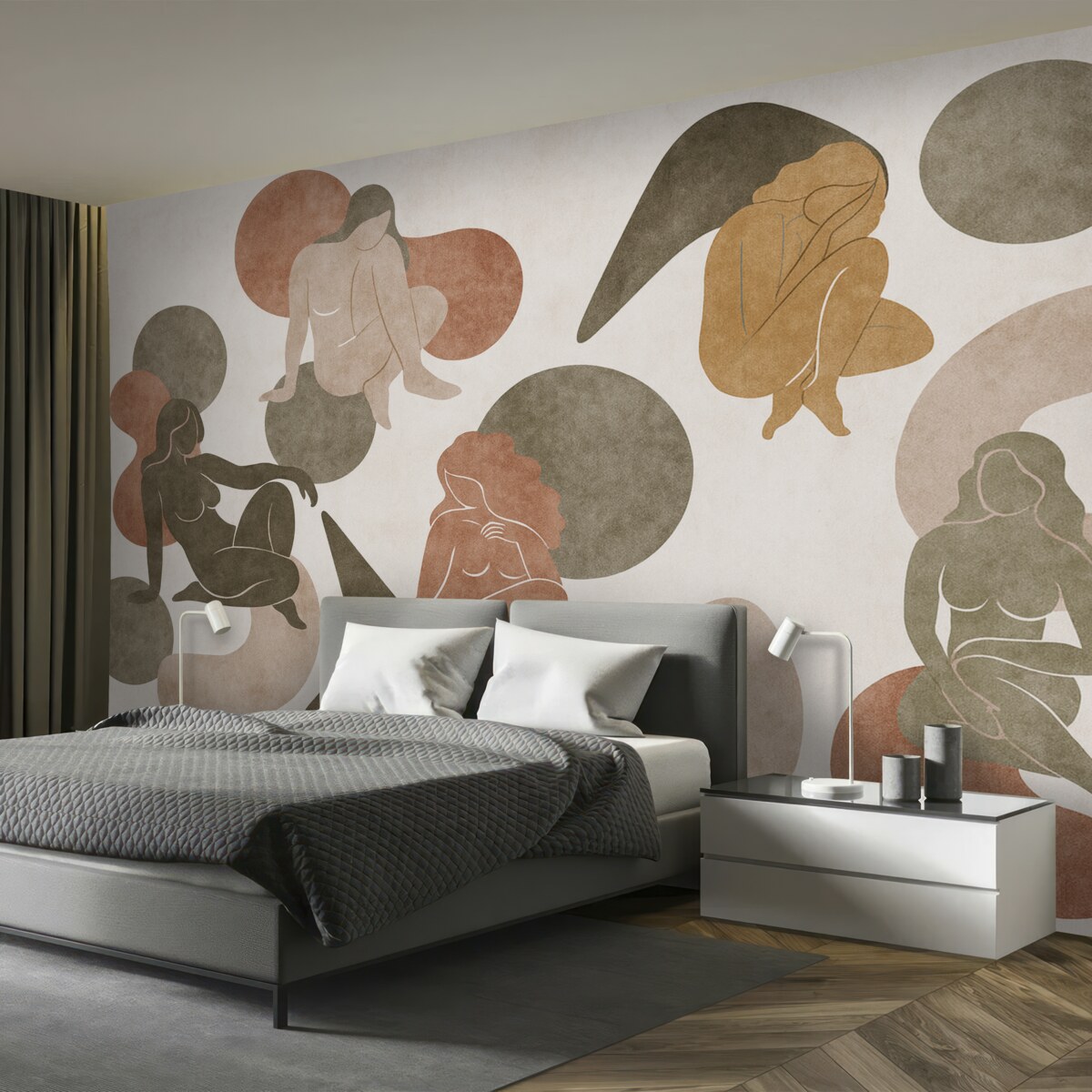 Fototapeta Geometryczne abstrakcje z damskimi sylwetkami, styl boho, brązowy, beżowy, zieleń.