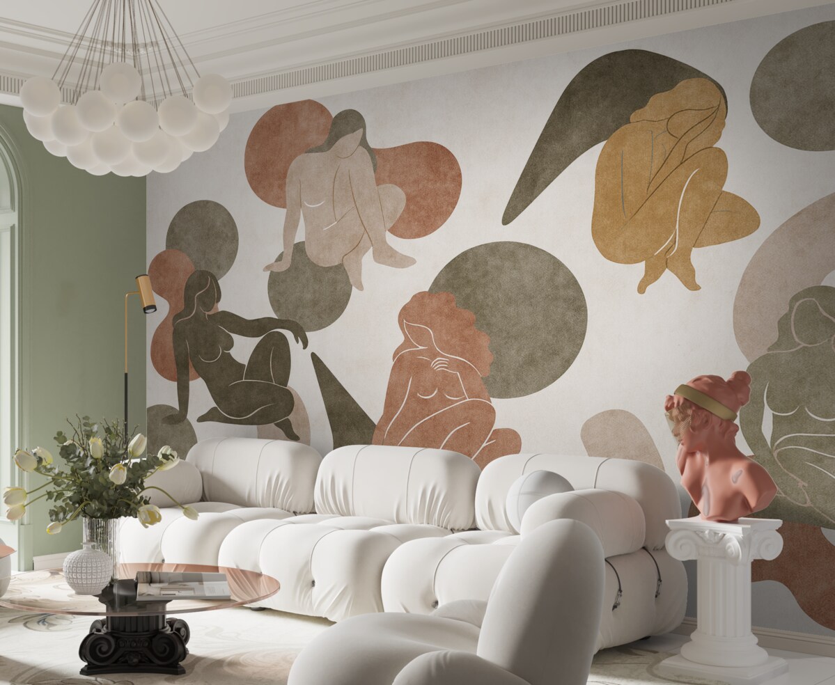 Fototapeta Geometryczne abstrakcje z damskimi sylwetkami, styl boho, brązowy, beżowy, zieleń.