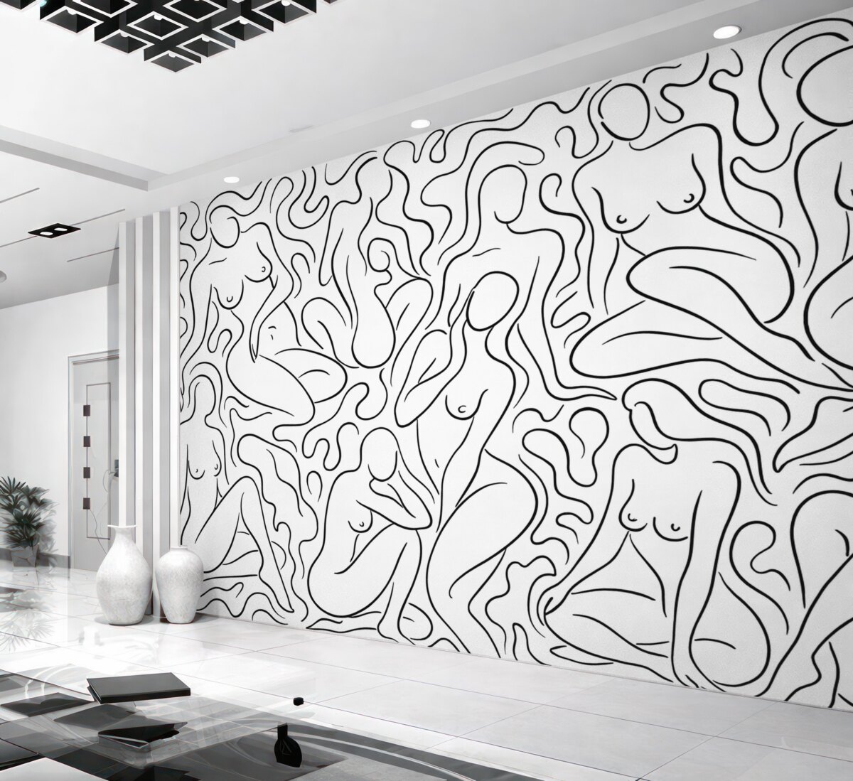 Fototapeta Rysunek konturowy sylwetek kobiecych postaci, abstrakcyjne formy, kolor ciemny.