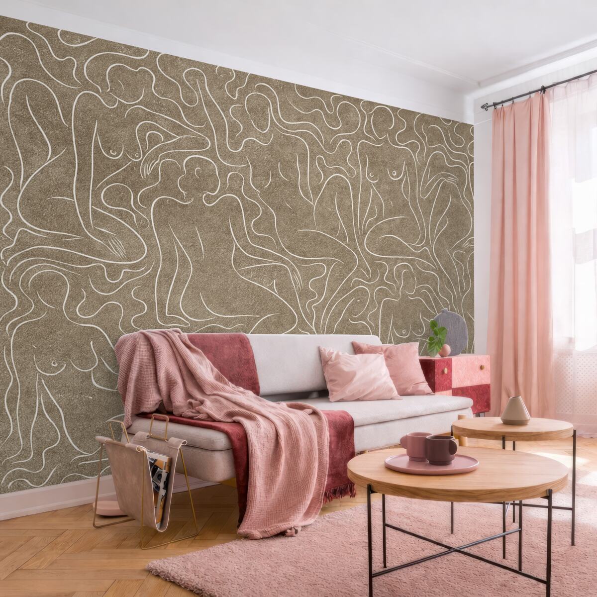 Fototapeta Rysunek linii anatomicznych postaci, abstrakcja, jasnobeżowe tło.