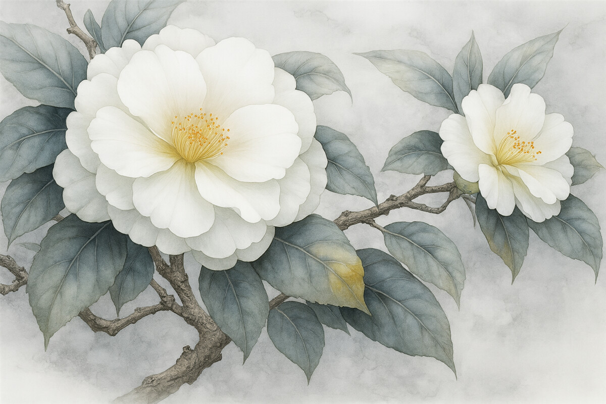 Fototapeta Kwiaty kamelii na gałęzi w technice akwareli, organiczne odcienie.