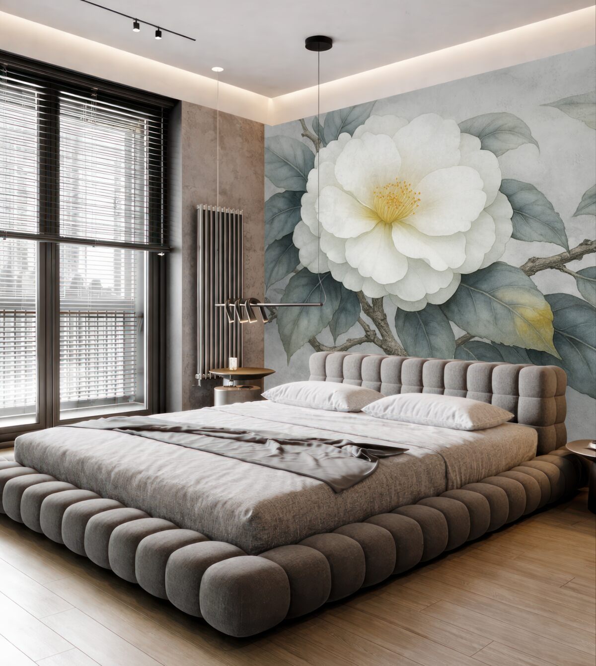 Fototapeta Kwiaty kamelii na gałęzi w technice akwareli, organiczne odcienie.