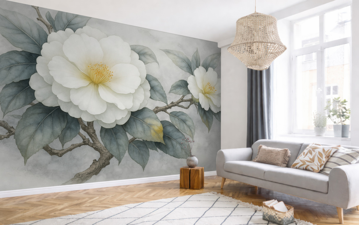 Fototapeta Kwiaty kamelii na gałęzi w technice akwareli, organiczne odcienie.