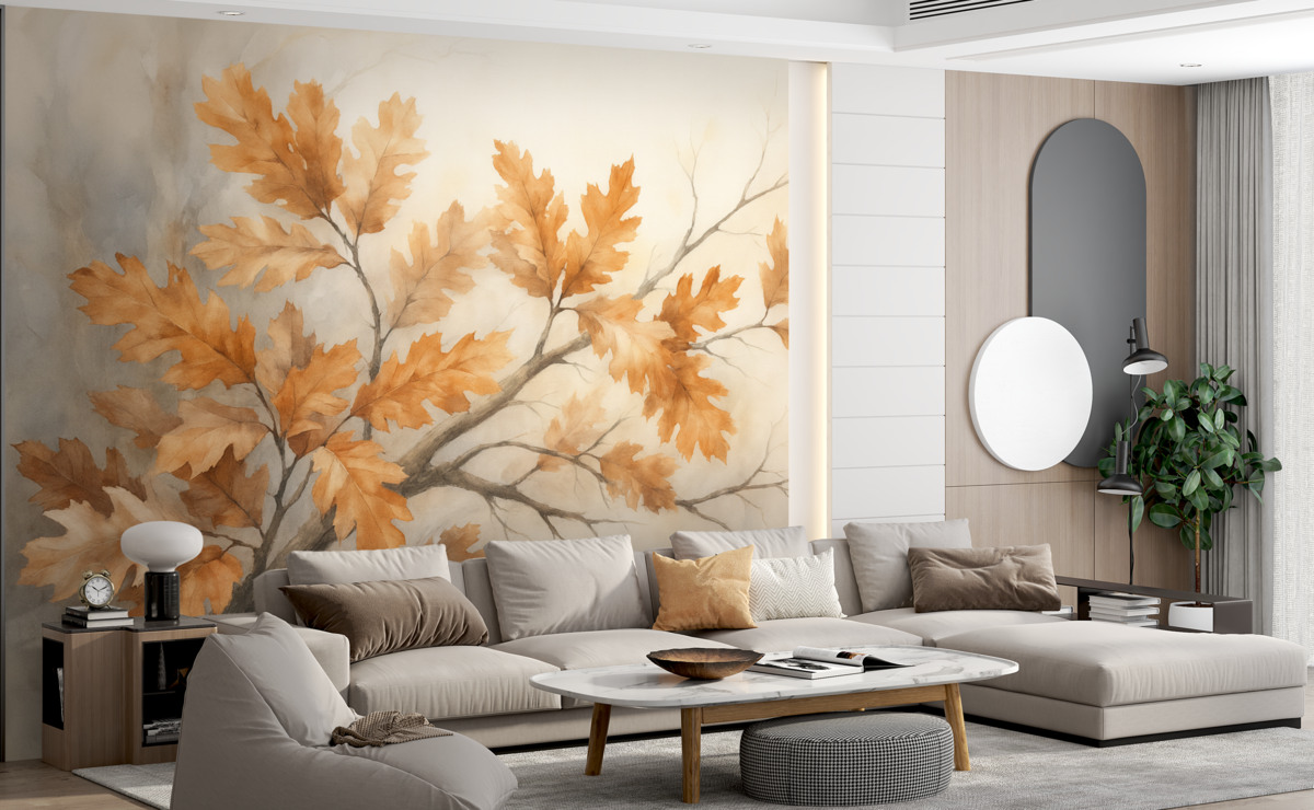 Fototapeta Gałązka dębu z liśćmi przypominająca obraz.