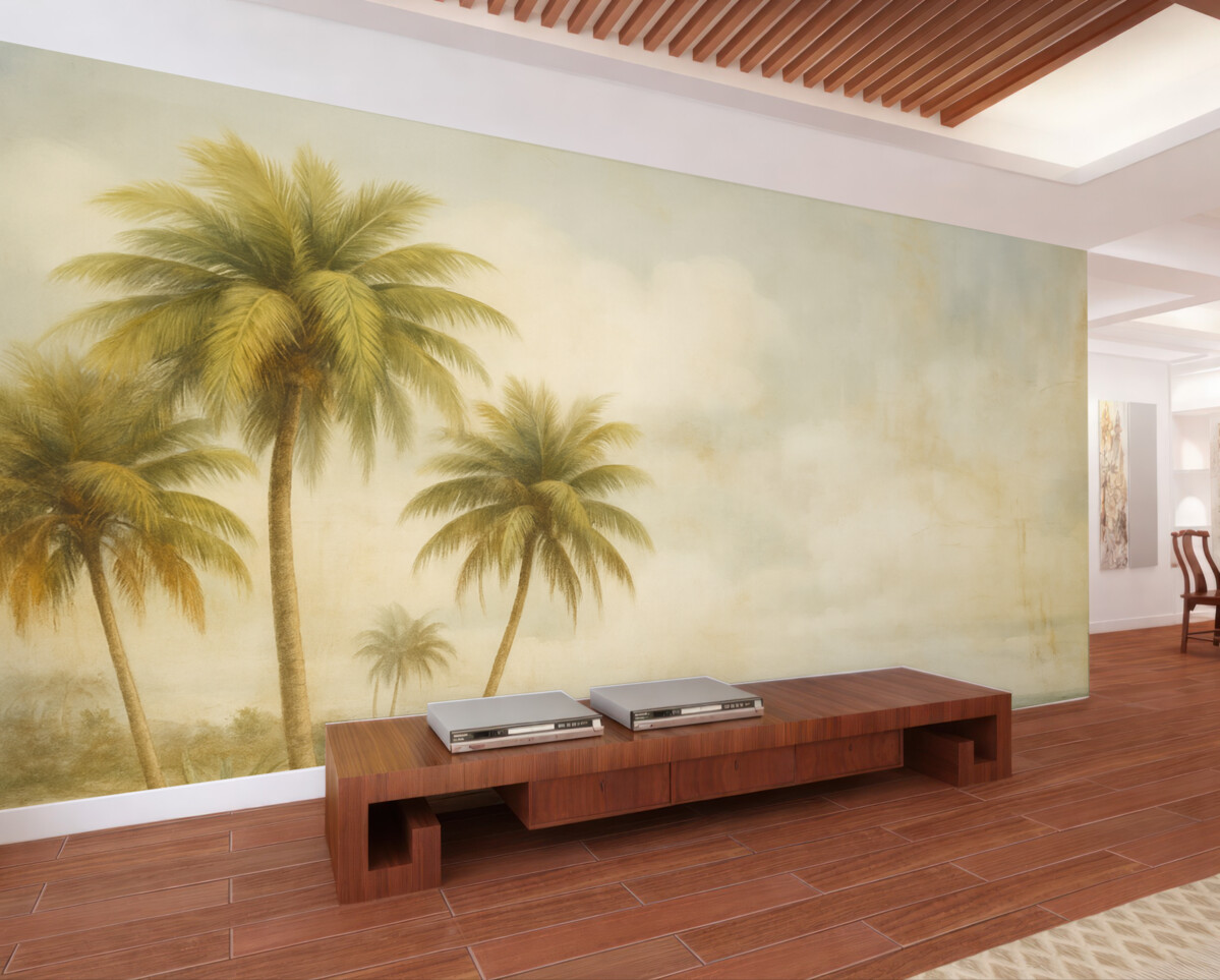 Fototapeta Tropikalna marzenia, palmy, obłoki, nieboskłon, ocean, faktura.