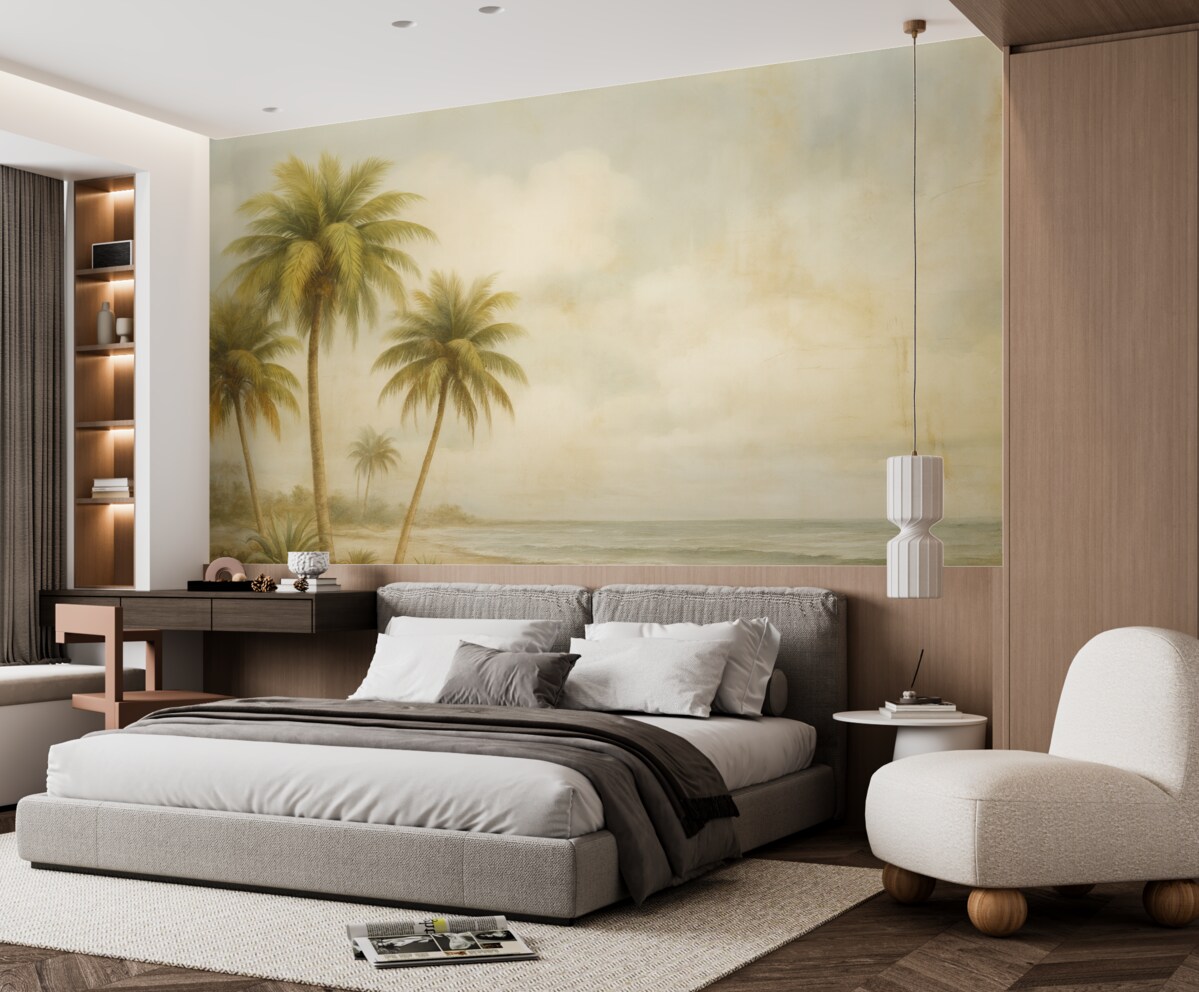 Fototapeta Tropikalna marzenia, palmy, obłoki, nieboskłon, ocean, faktura.