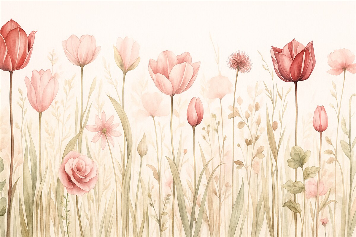 Fototapeta Delikatność łąki, tulipany, kwiaty, łodygi, liście, dzikie rośliny.