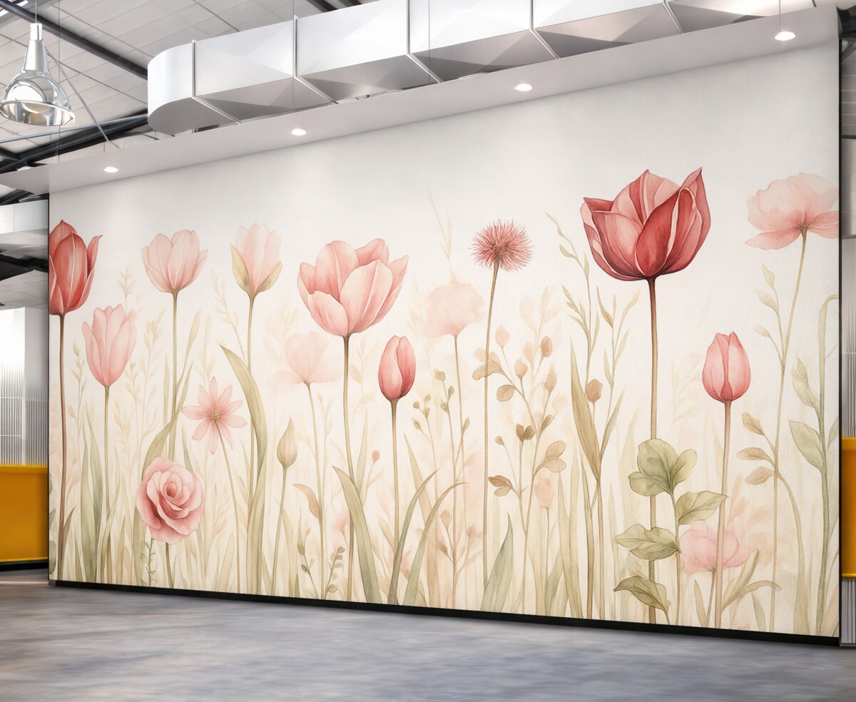 Fototapeta Delikatność łąki, tulipany, kwiaty, łodygi, liście, dzikie rośliny.