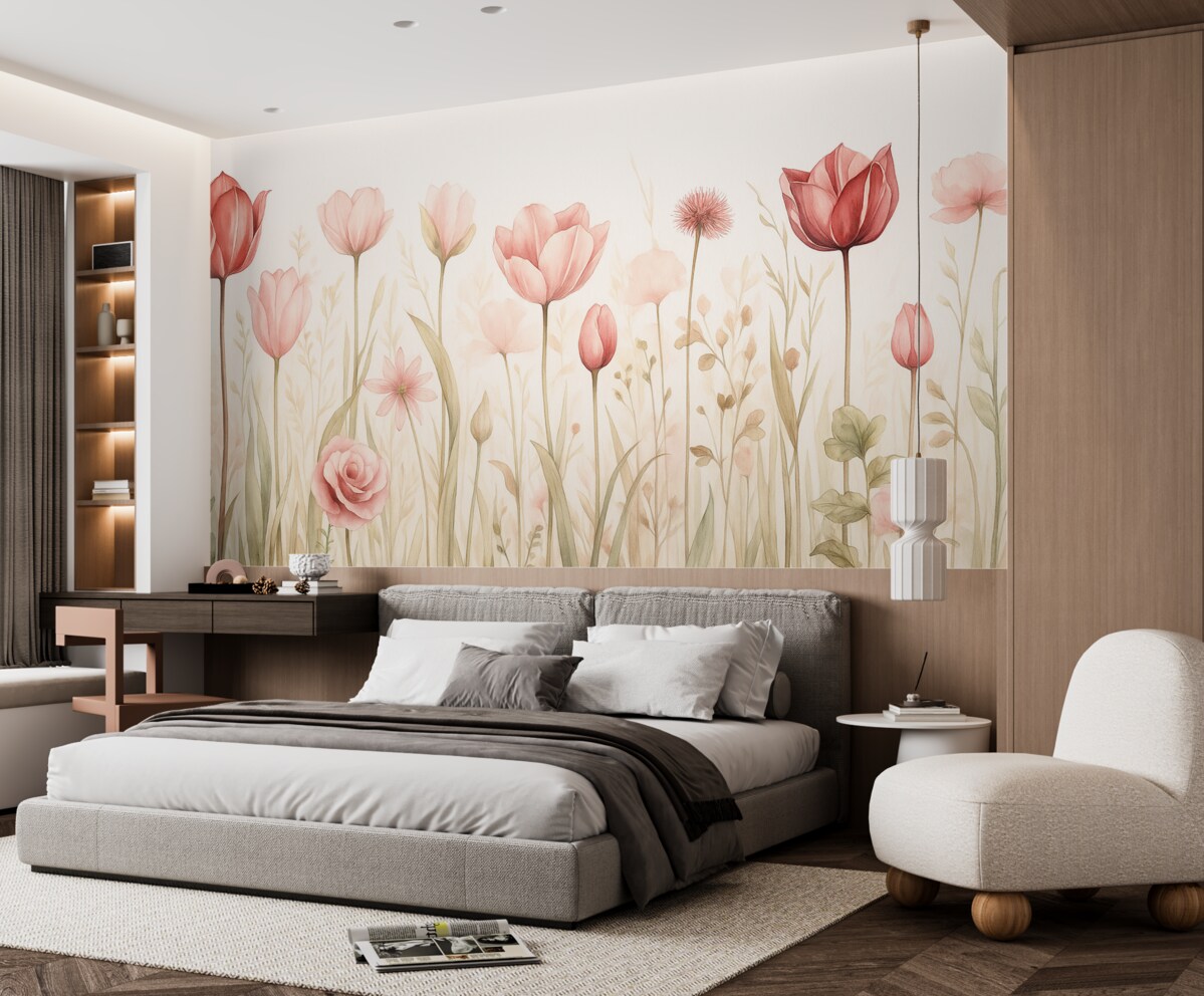 Fototapeta Delikatność łąki, tulipany, kwiaty, łodygi, liście, dzikie rośliny.