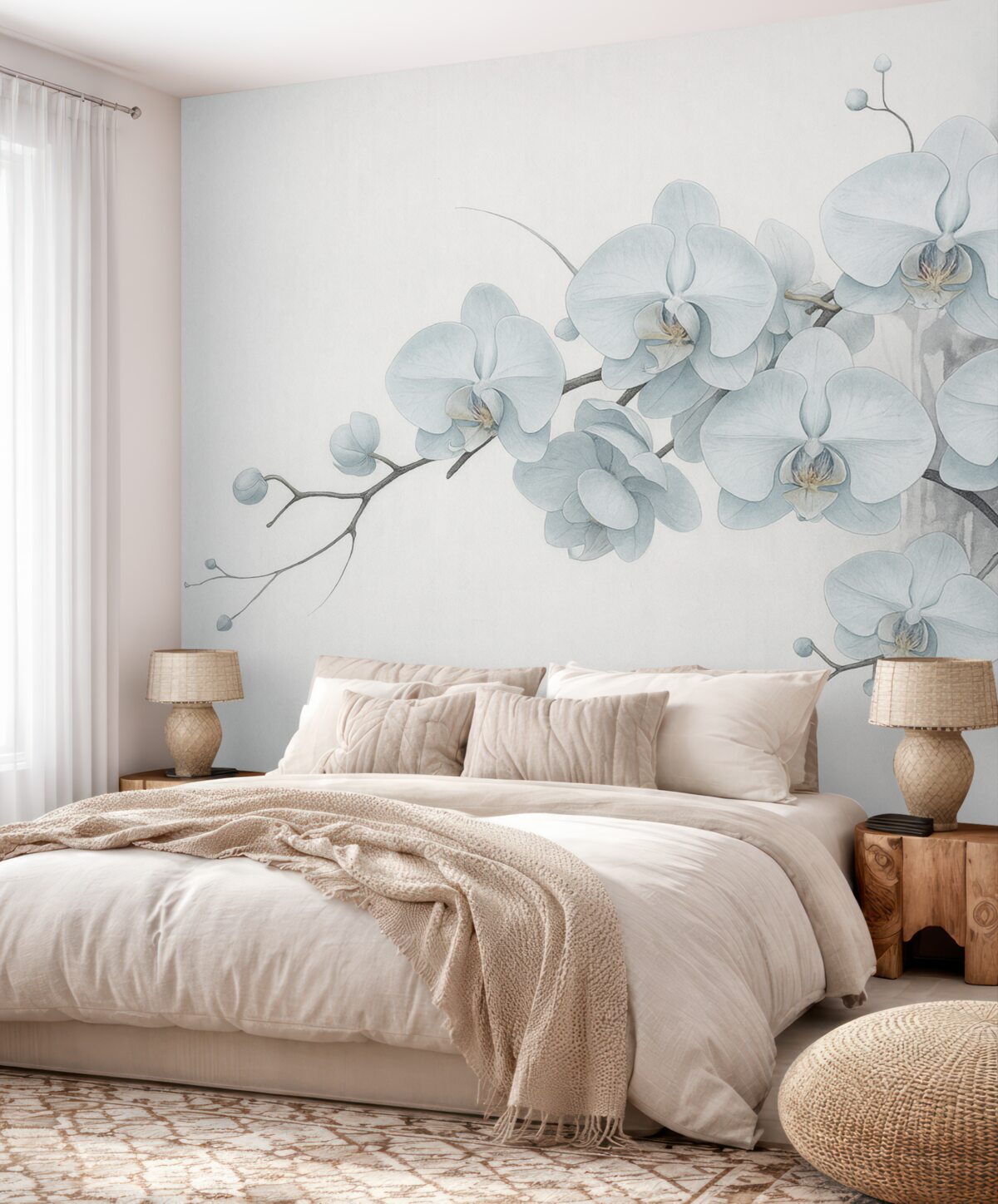 Fototapeta Akwarelowe storczyki w japońskim stylu na jasnym tle.