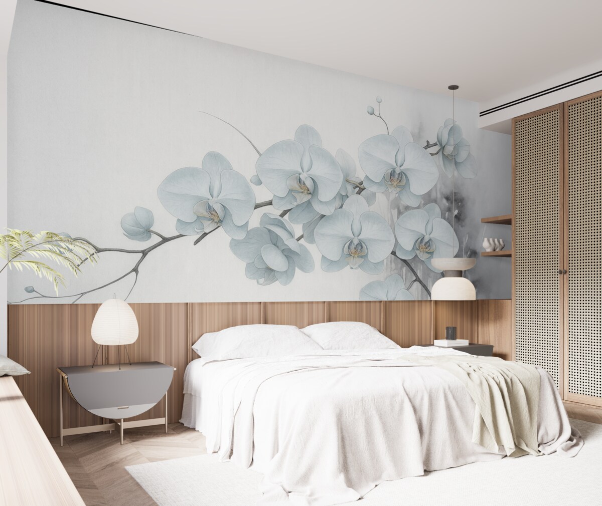 Fototapeta Akwarelowe storczyki w japońskim stylu na jasnym tle.