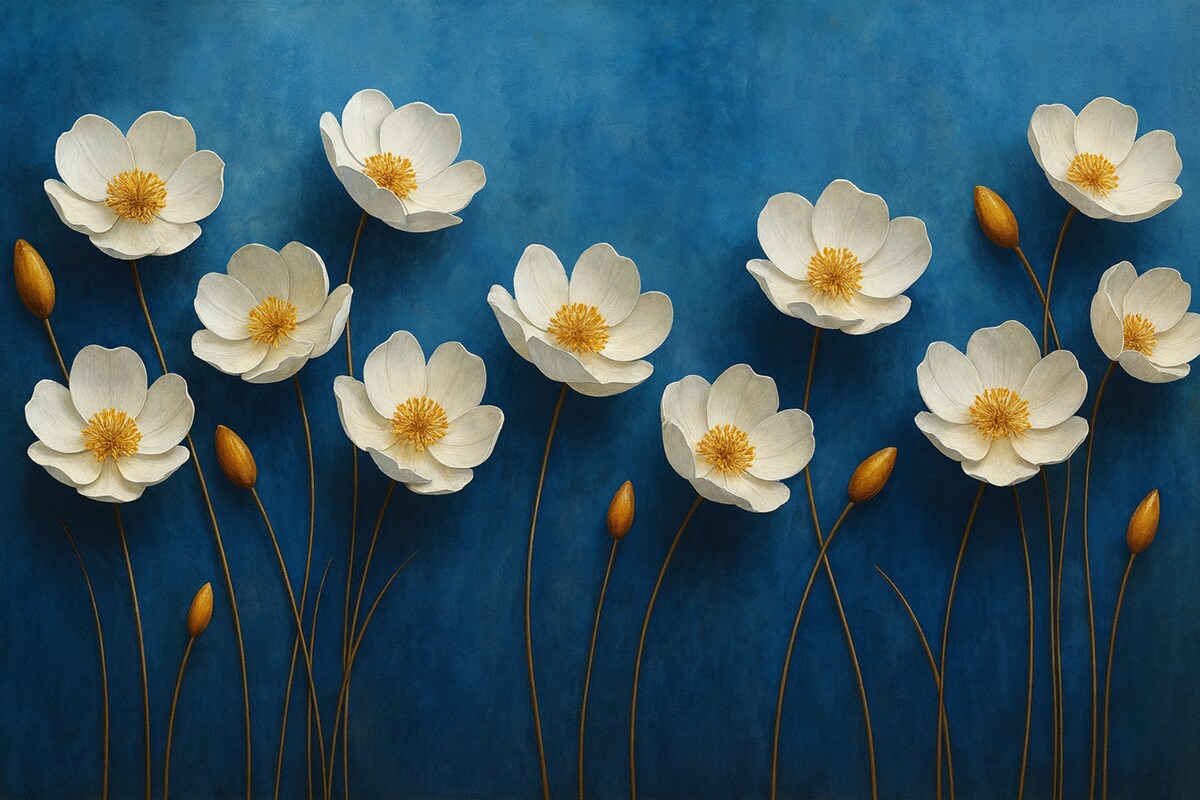 Fototapeta Białe kwiaty z żółtymi środkami na granatowym tle.