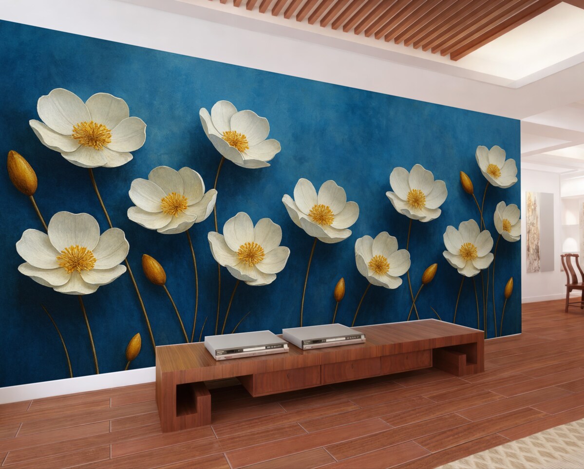 Fototapeta Białe kwiaty z żółtymi środkami na granatowym tle.