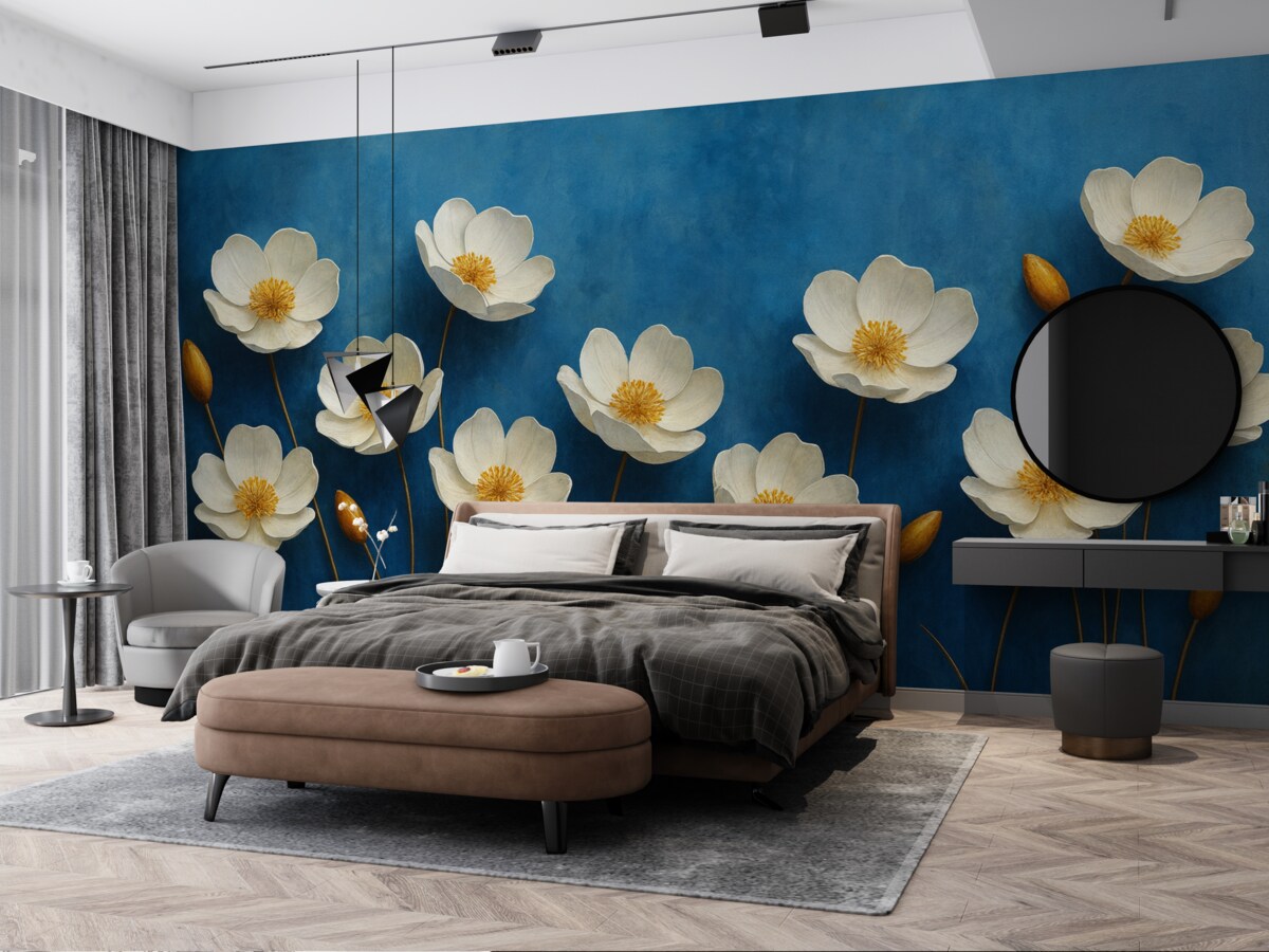 Fototapeta Białe kwiaty z żółtymi środkami na granatowym tle.