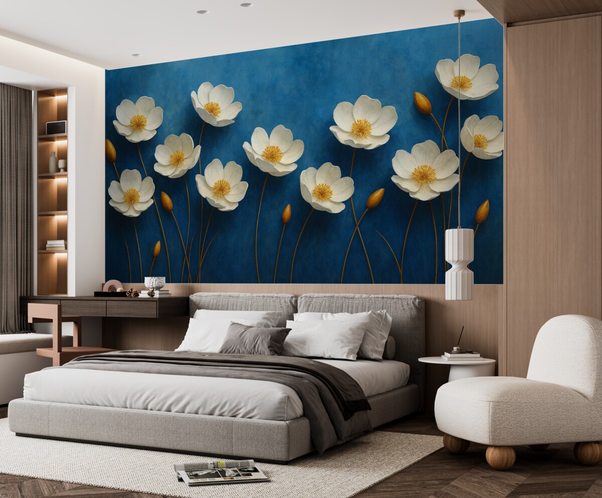 Fototapeta Białe kwiaty z żółtymi środkami na granatowym tle.