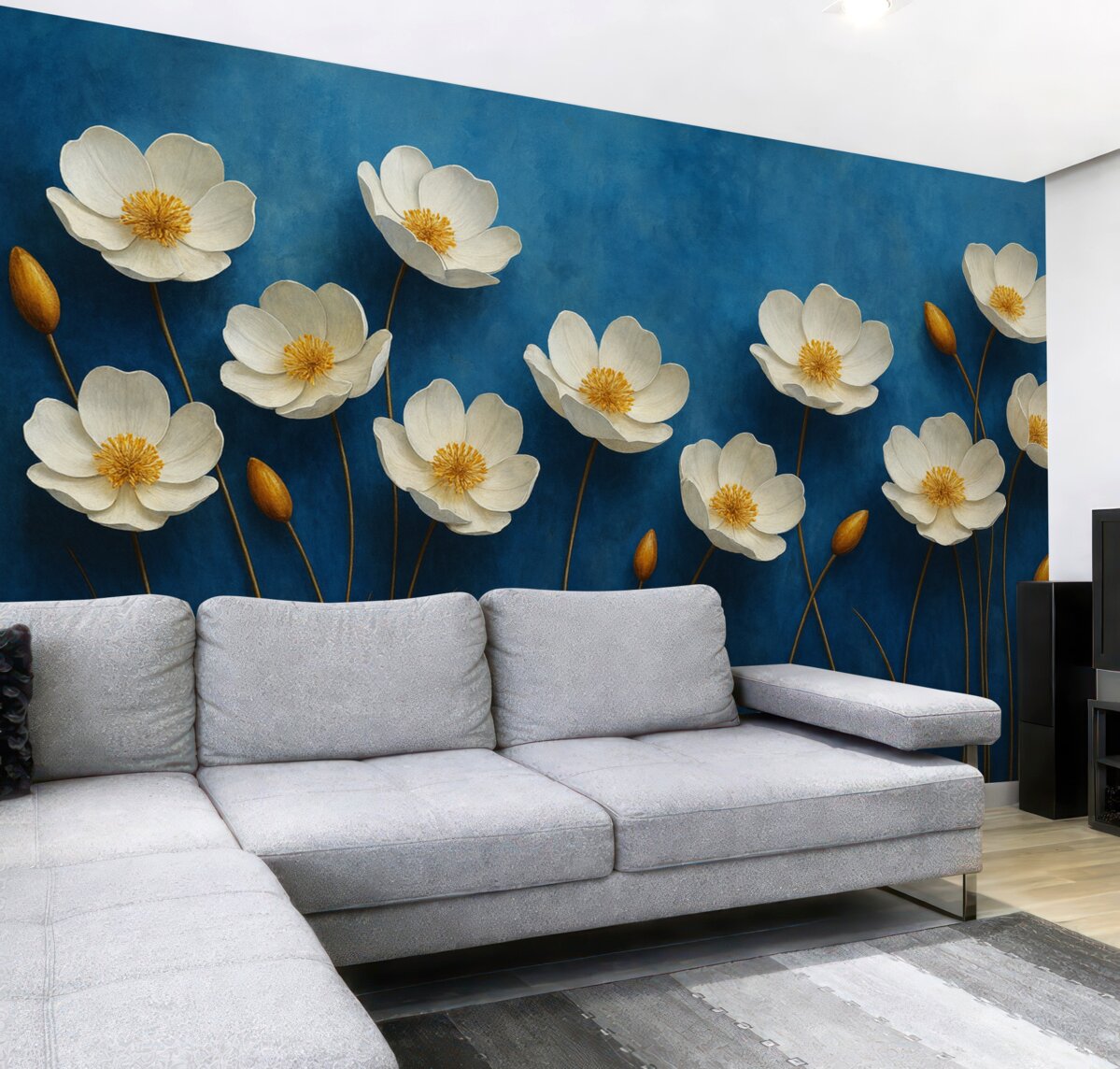 Fototapeta Białe kwiaty z żółtymi środkami na granatowym tle.