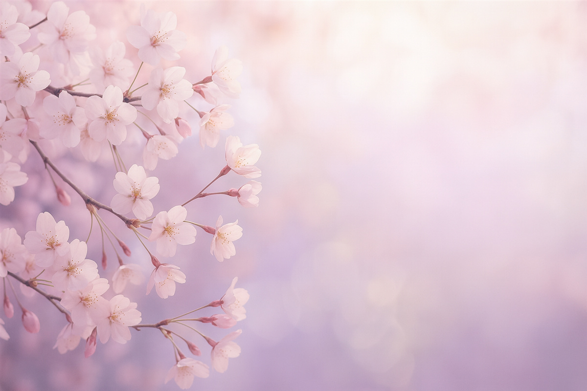 Fototapeta Gałęzie wiśni z różowymi kwiatami na delikatnym tle.