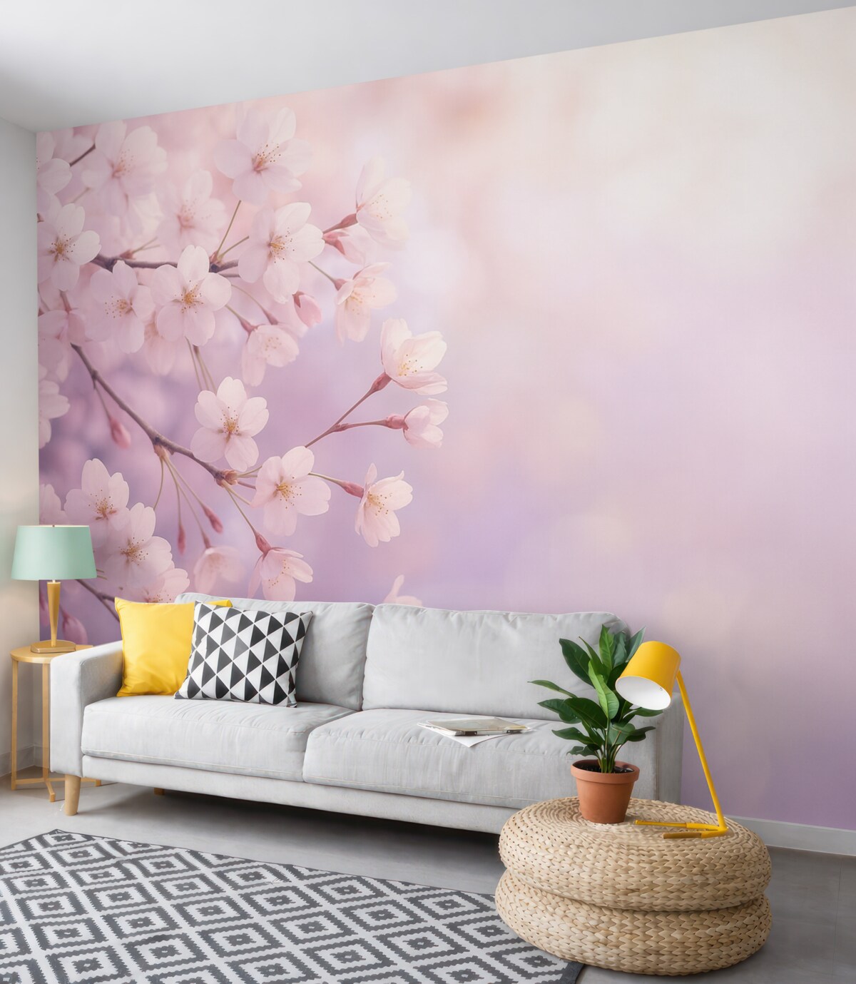 Fototapeta Gałęzie wiśni z różowymi kwiatami na delikatnym tle.