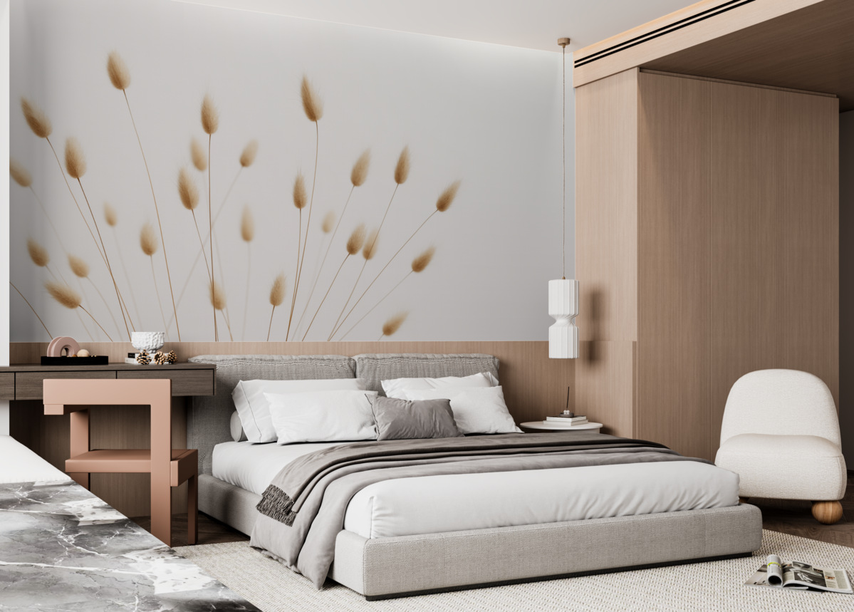 Fototapeta Minimalistyczne pędy z kłosami na jasnym tle.