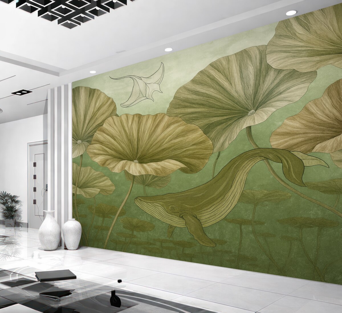 Fototapeta Wieloryb pośród olbrzymich lotosów w zielonej wodzie.