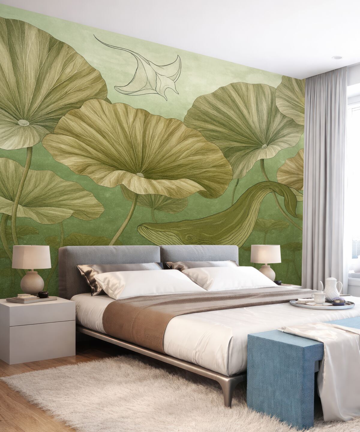 Fototapeta Wieloryb pośród olbrzymich lotosów w zielonej wodzie.