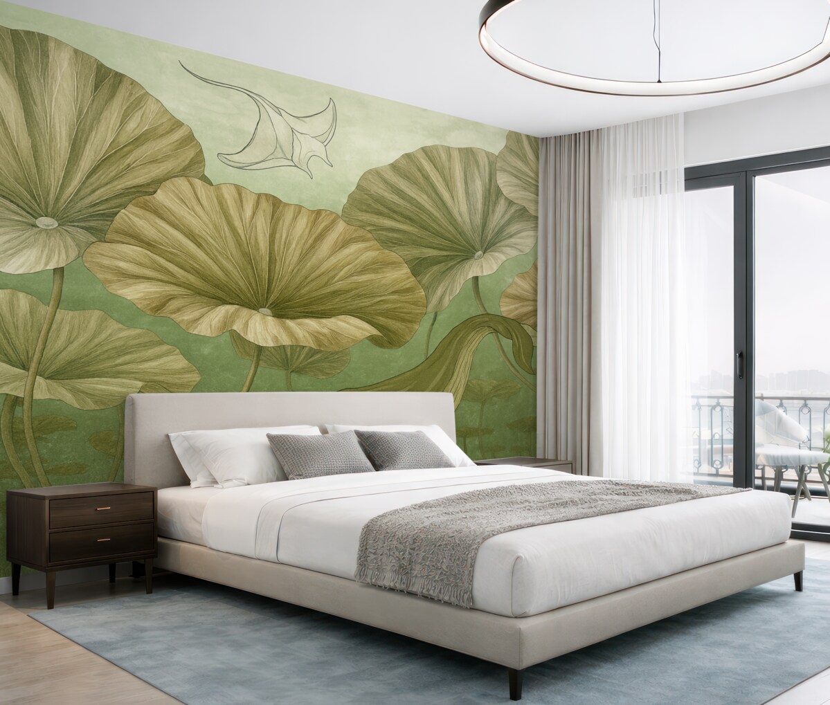 Fototapeta Wieloryb pośród olbrzymich lotosów w zielonej wodzie.