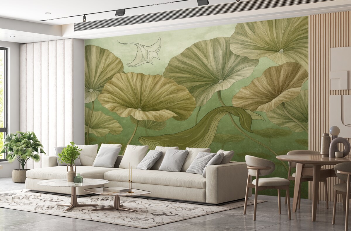 Fototapeta Wieloryb pośród olbrzymich lotosów w zielonej wodzie.