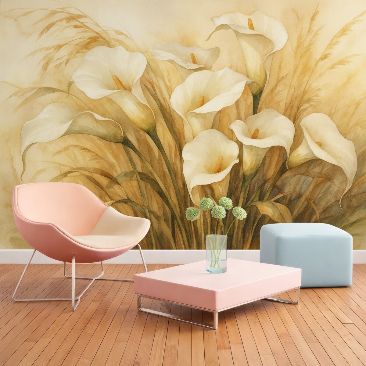 Fototapeta Lilie Calla w wyschniętej trawie.