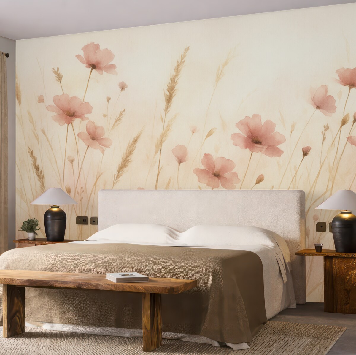 Fototapeta Dzikie kwiaty na suchej trawie stylizacja akwarelowa.