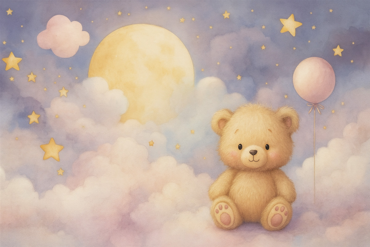 Fototapeta Uroczy niedźwiadek na chmurze z księżycem i gwiazdkami.