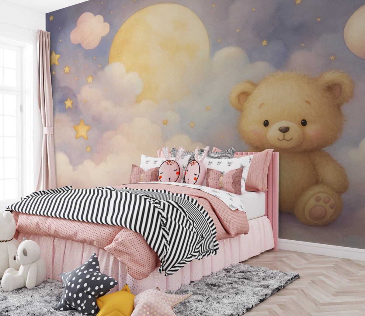 Fototapeta Uroczy niedźwiadek na chmurze z księżycem i gwiazdkami.