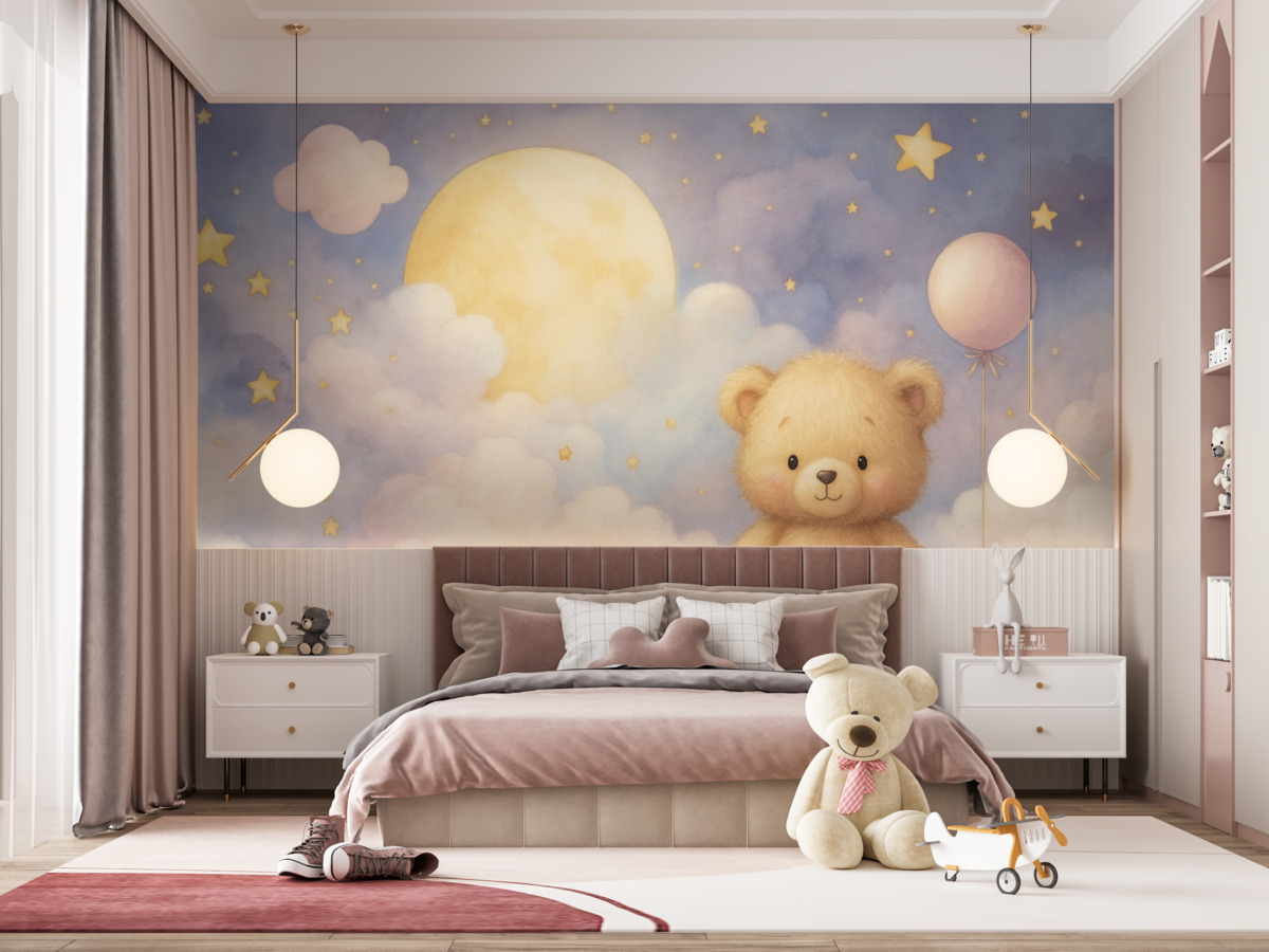 Fototapeta Uroczy niedźwiadek na chmurze z księżycem i gwiazdkami.