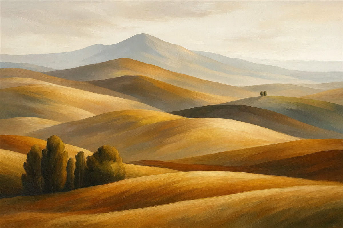 Fototapeta Pejzaże z drzewami, Toskania, naturalne odcienie, technika olejna.