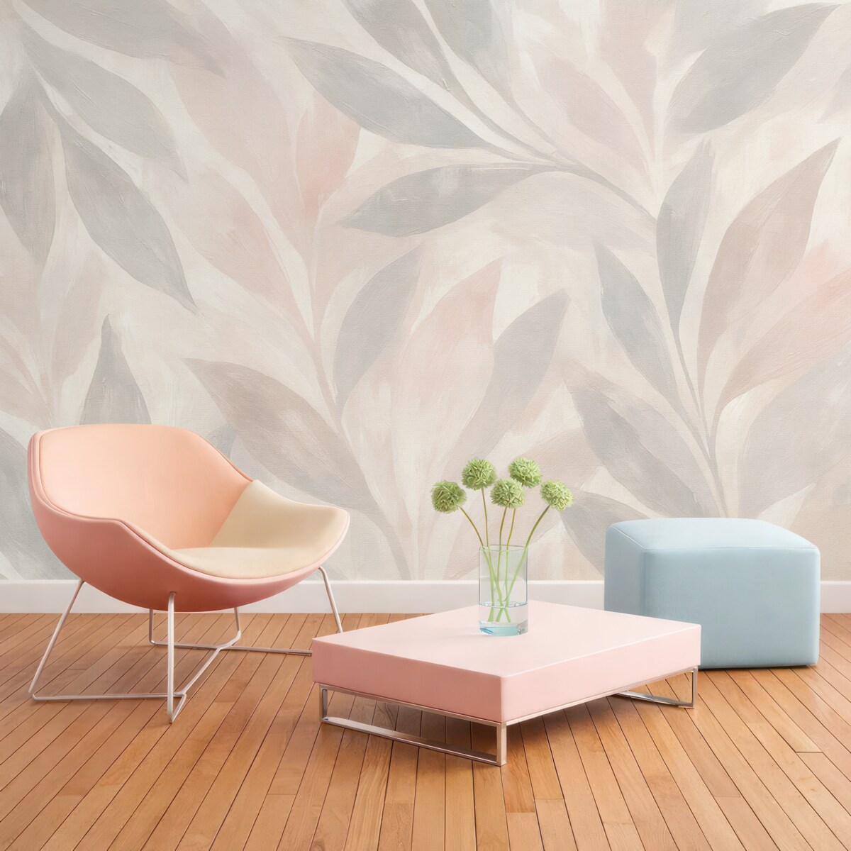 Fototapeta Tropikalne liście, kwiaty, palmy, delikatny styl, różowe i jasnobeżowe odcienie.