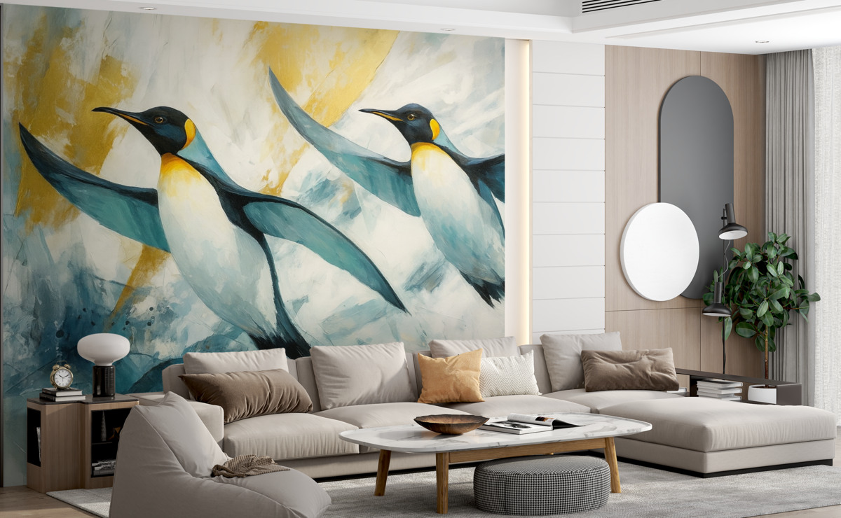 Fototapeta Cudowne pingwiny, Antarctica, niebieski lód, stworzenia, obraz olejny.