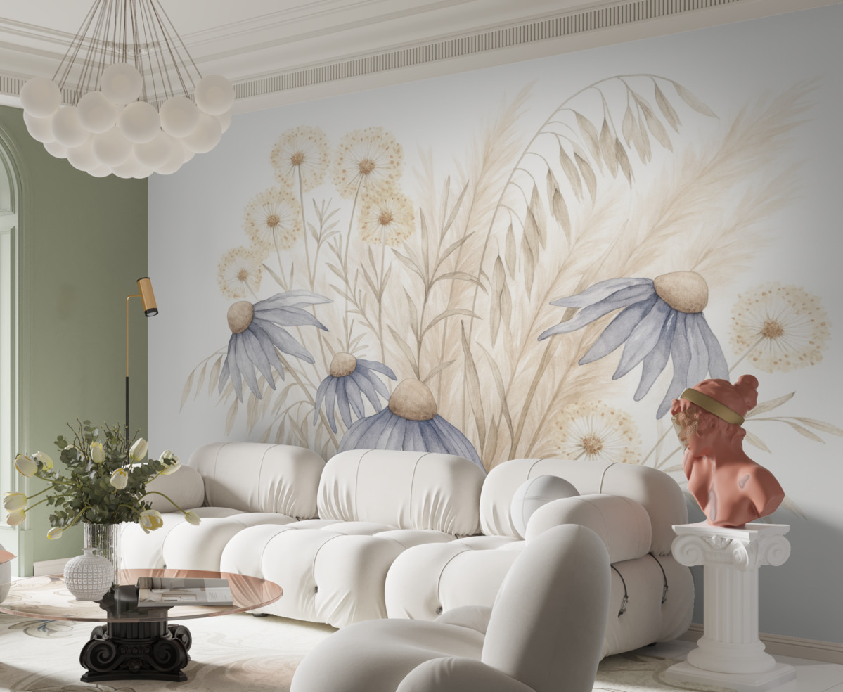 Fototapeta Mlecze oraz kwiaty wśród wyschniętych ziół.