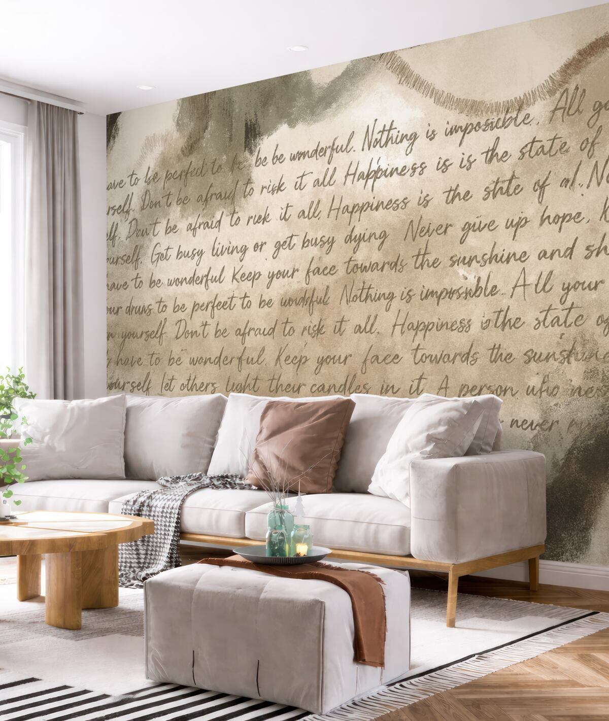 Fototapeta Projekt z inspirującymi sentencjami, abstrakcyjne formy, naturalne odcienie.