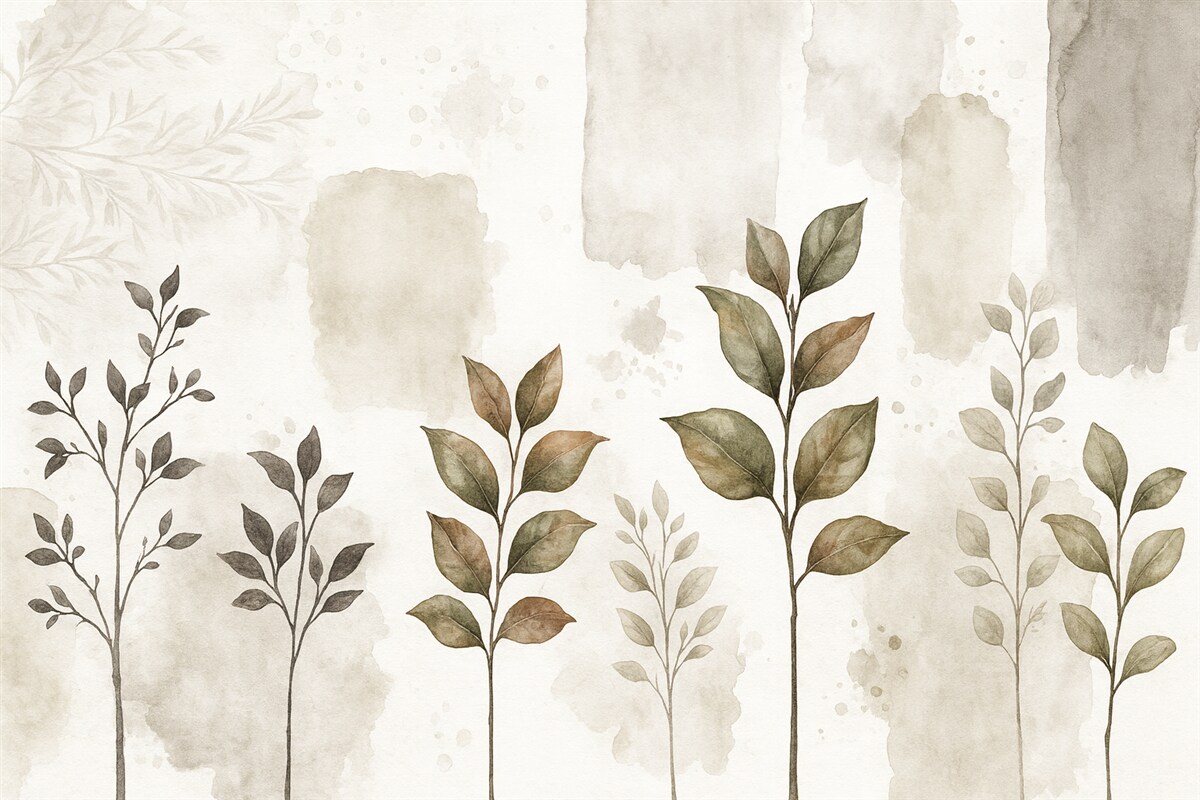 Fototapeta Liście drzewa cytrynowego, cienie konarów drzew, przyroda, akwarela.