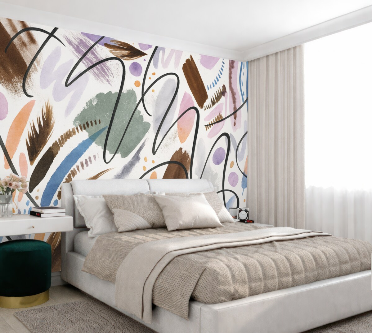 Fototapeta Atramentowe znaki, kaligrafia, ruchy pędzla, intensywne kolory, abstrakcyjne formy.