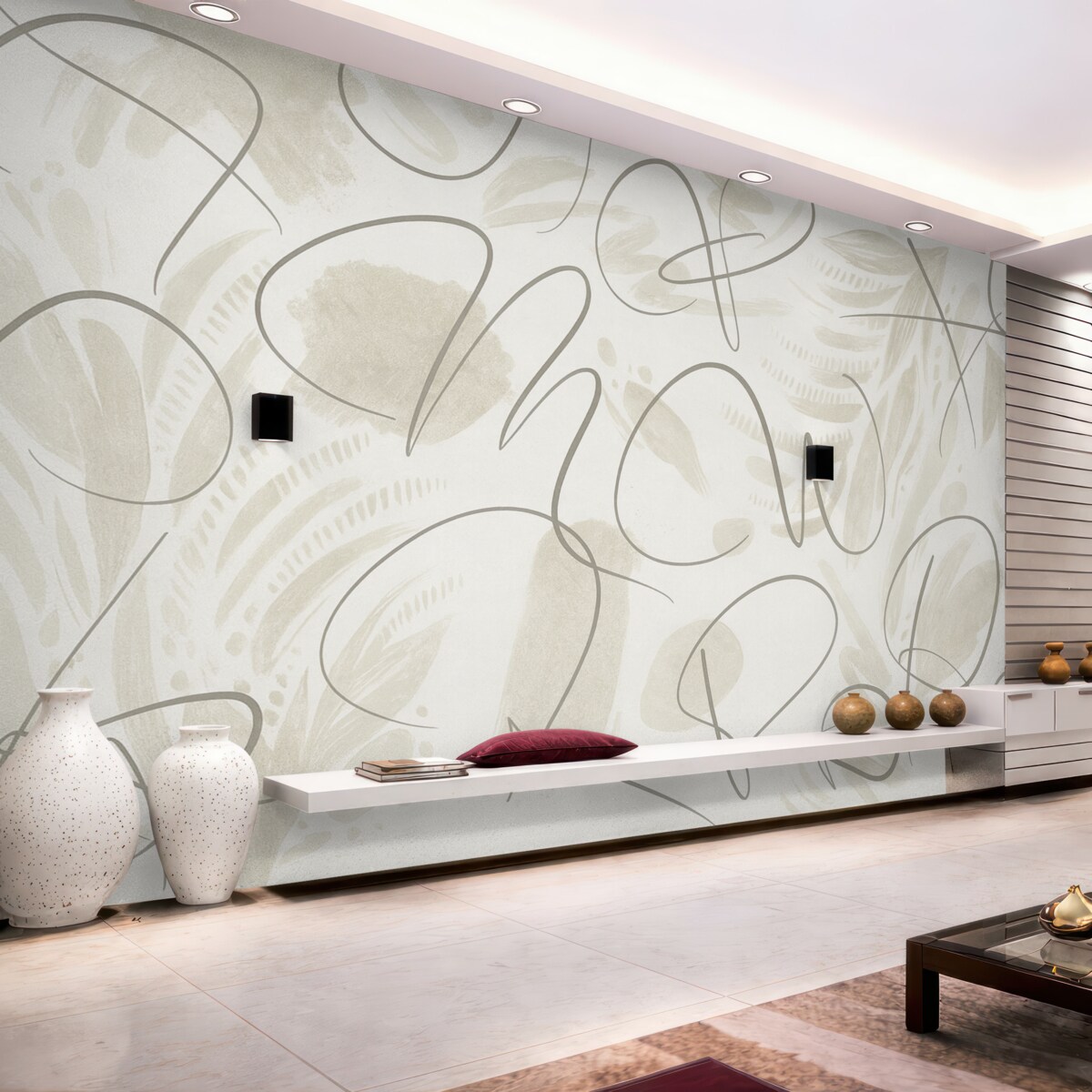 Fototapeta Abstrakcja kaligraficzna z literami, ruchy pędzla, odcień beżowy.