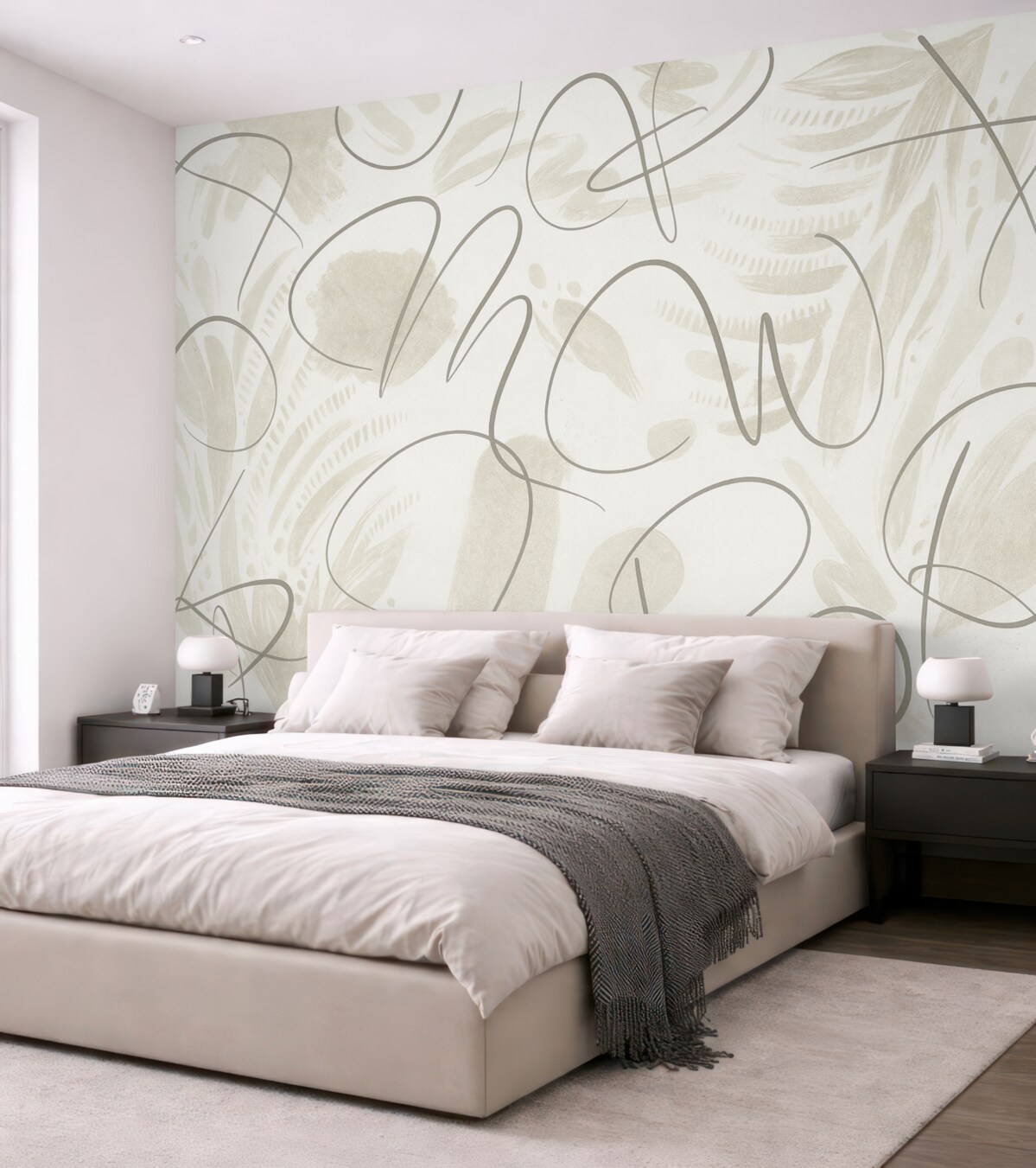 Fototapeta Abstrakcja kaligraficzna z literami, ruchy pędzla, odcień beżowy.