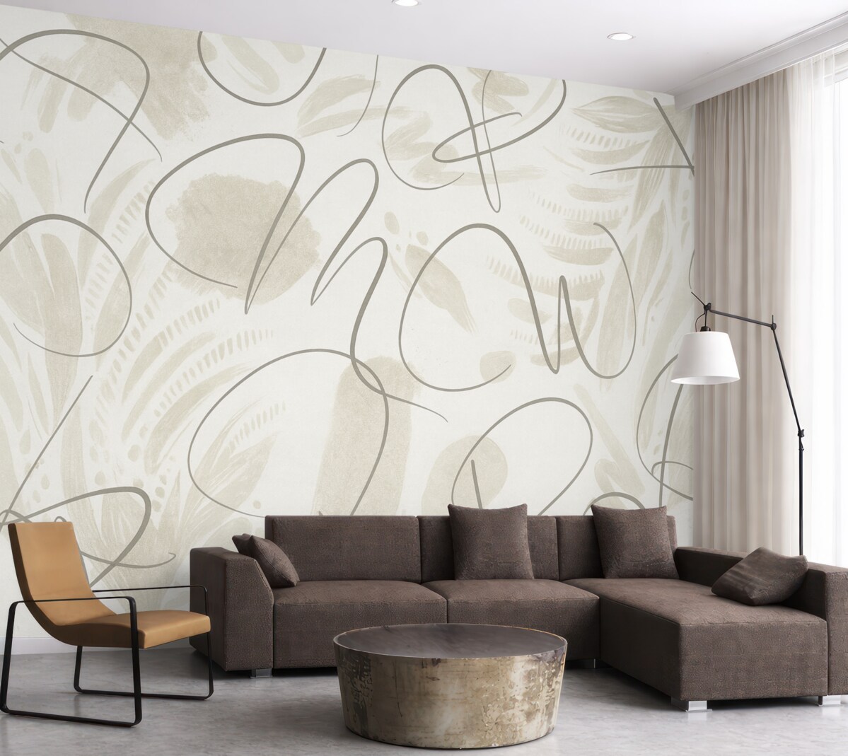 Fototapeta Abstrakcja kaligraficzna z literami, ruchy pędzla, odcień beżowy.