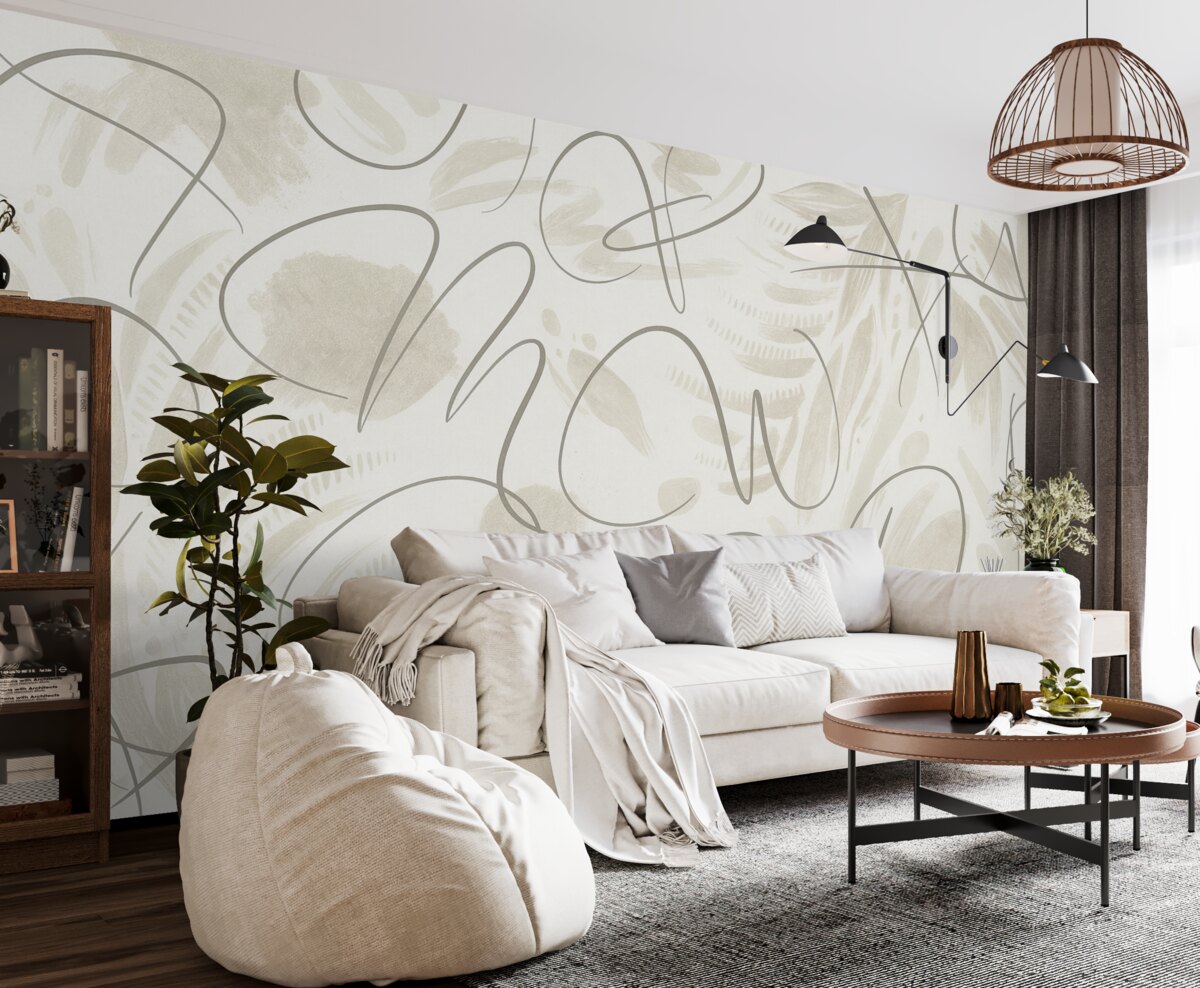 Fototapeta Abstrakcja kaligraficzna z literami, ruchy pędzla, odcień beżowy.