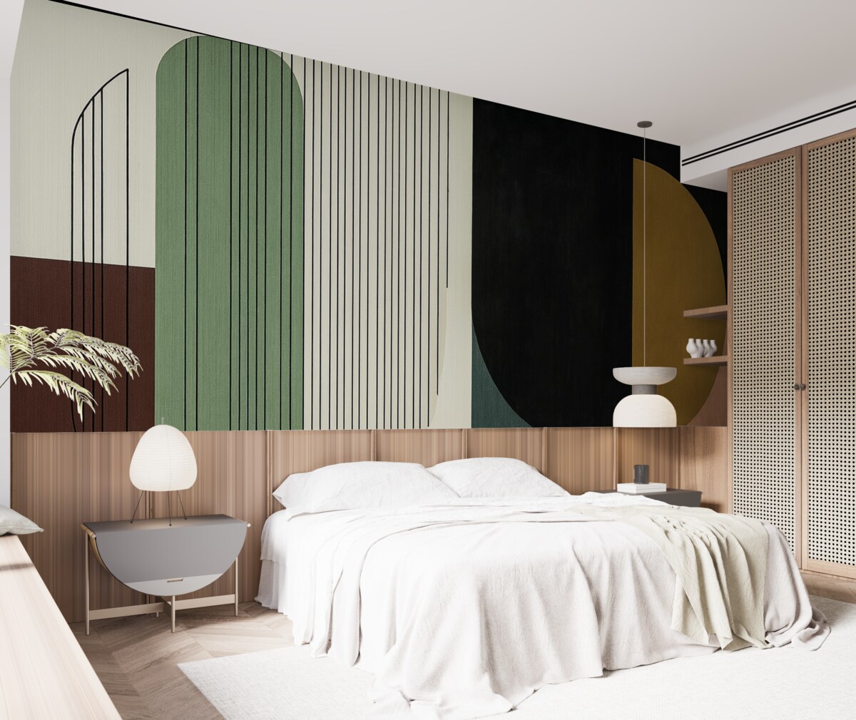 Fototapeta współczesna abstrakcyjna kompozycja geometryczna z nachodzącymi na siebie kształtami oraz pionowymi