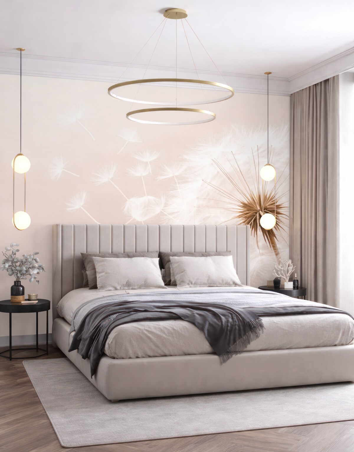 Fototapeta Wsp współczesna, delikatna kompozycja kwiatowa z całkowicie otwartą główką mniszka lekarskiego oraz unoszącymi się nasionami, na tle subtelnej struktury przypominającej materiał.